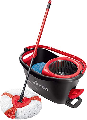 Vileda Turbo Sistema Lavapavimenti Rotante a Centrifuga con Secchio, Fiocco e Manico Telescopico Estendibile 55 - 130 cm, Rosso/Nero