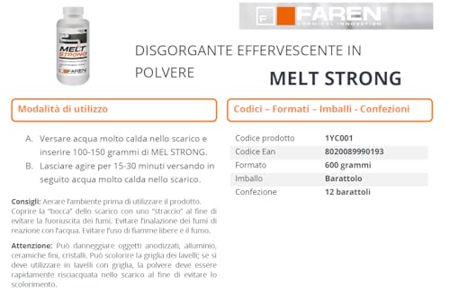Faren MELT STRONG, Disgorgante Granulare Effervescente,Stura Wc Lavandino,Elimina i cattivi odori, 600gr