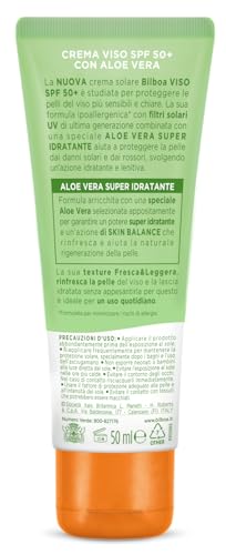 Bilboa, Protezione Solare Viso Aloe Sensitive SPF 50+, Crema Solare Alta per Pelli Sensibili, Formula con Aloe Vera, Protegge e Idrata le Pelli Sensibili, Senza Alcool, Resistente all'Acqua, 50 ml