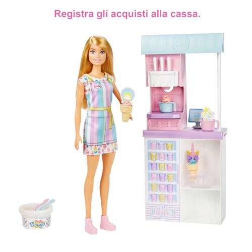 Barbie - Playset Gelateria con Bambola con Macchina per Gelato, Accessori, 2 Tipi di Pasta Modellabile, Giocattolo e Regalo per Bambini 4+ Anni, HCN46