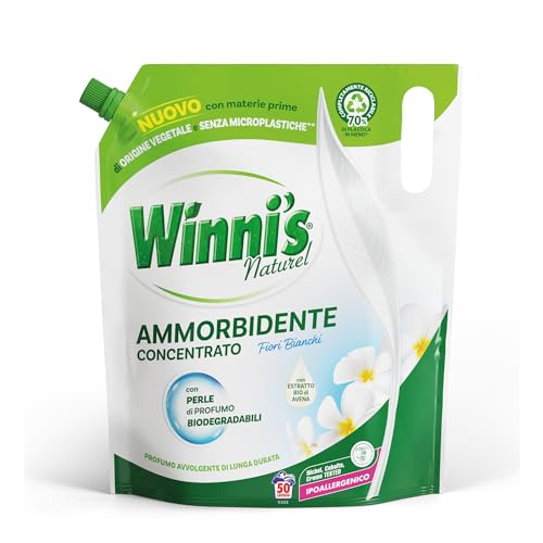 Winni's - Ammorbidente Lavatrice Ipoallergenico Concentrato Ecoformato, 50 Lavaggi, Fragranza Fiori Bianchi, Con Perle di Profumo Biodegradabili, 1250 ml