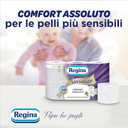 Regina Sensation - Rotoli di Carta Igienica, 160 Soffici Strappi a 3 Veli, Morbida e Resistente, Con Estratto Naturale di Cotone, Confezione con il 60% di Plastica Riciclata, Certificata FSC