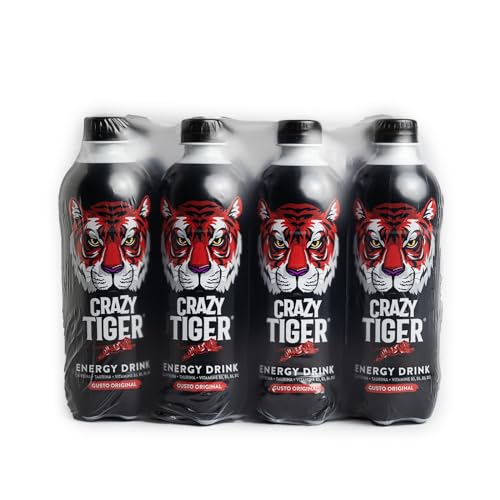 Crazy Tiger | Energy Drink Gusto Original, 12 Bottiglie da 50 cl PET Richiudibile, con Caffeina, Taurina, Vitamine, -50% di Zuccheri