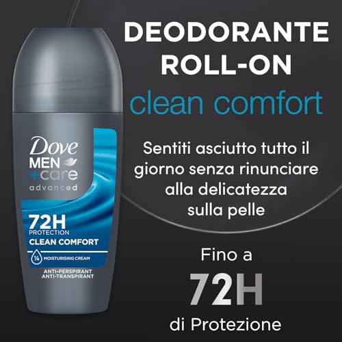 Dove Men+Care Deodorante Roll On Advanced Care Clean Comfort, Deodorante Uomo Antitraspirante Senza Alcol, con 1/4 di Crema Idratante, Protezione Fino a 72 Ore, 50 ml