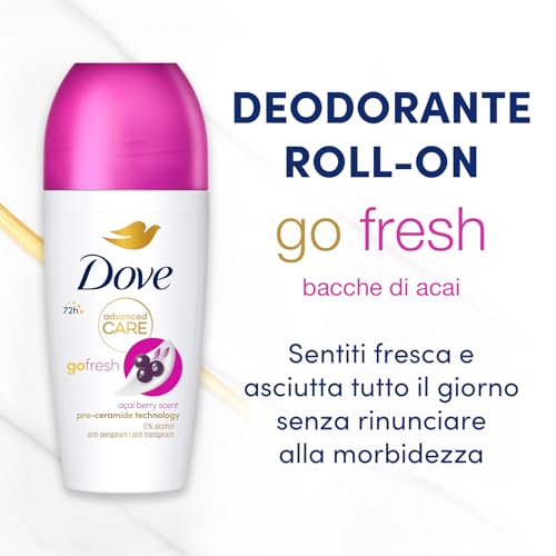 Dove, Deodorante Roll On Advanced Care Açai, Deodorante Antitraspirante, Formula Delicata Con Tripla Azione Idratante, Protezione Fino a 48 Ore, Deodorante Uomo e Donna, 50 ml