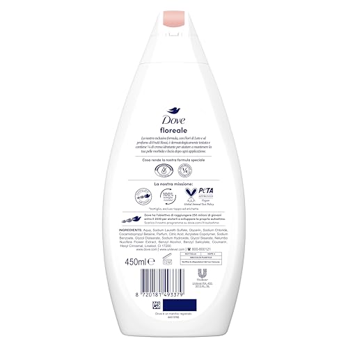 Dove Bagnodoccia, Idratante Dermo-Naturale, 1/4 Crema Idratante, Dermatologicamente Testato, Bagnoschiuma Uomo e Donna, 100% Bottiglia Riciclata, 6 pezzi