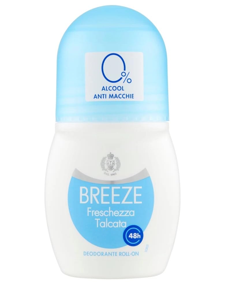 12x BREEZE Freschezza Talcata Deodorante Roll On 50ml + 1 Confezione di Talco Felce Azzurra in omaggio, Busta da 100g