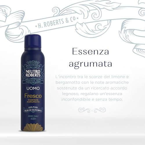 Neutro Roberts, Deodorante Spray Uomo, Con antiodore, Zero Sali di Alluminio, Zero Macchie, Con Puro Olio di Glicerina, Deodorante Uomo, Dermatologicamente testato