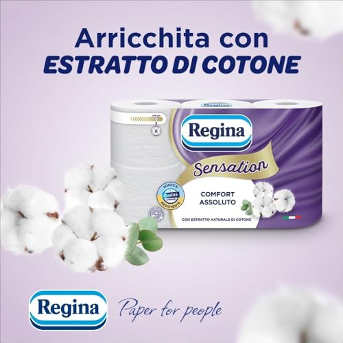 Regina Sensation - Rotoli di Carta Igienica, 160 Soffici Strappi a 3 Veli, Morbida e Resistente, Con Estratto Naturale di Cotone, Confezione con il 60% di Plastica Riciclata, Certificata FSC