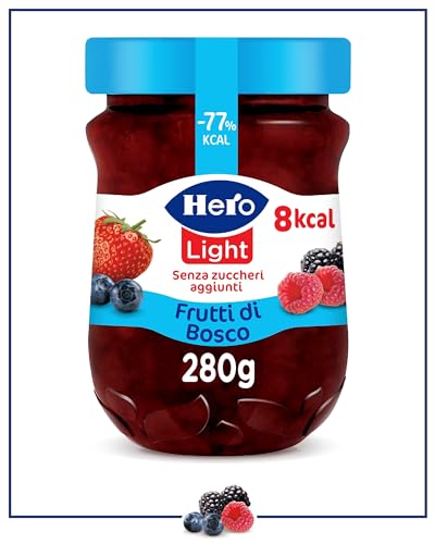 Hero Light Confettura light, 8 vasetti da 280 gr, marmellata e confettura extra, frutta di alta qualità, senza conservanti e senza coloranti, pochissime calorie per porzione