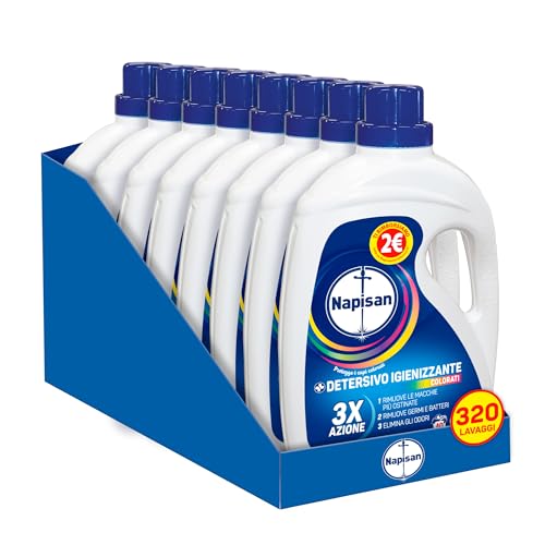 Napisan Detersivo Lavatrice Liquido Igienizzante Capi Colorati, 8 Confezioni da 2 l da 40 Lavaggi di Detersivo Lavatrice Liquido