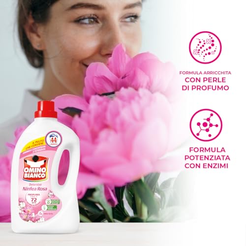 Omino Bianco - Detersivo Lavatrice Liquido, 44 Lavaggi, Rispetta Colori e Tessuti, Fresco Profumo di Ninfea Rosa, 1760 ml