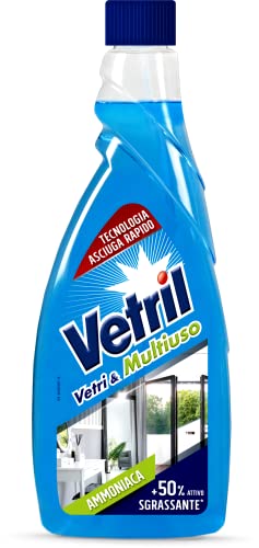 Vetril - Ricarica per Detergente Spray Vetri e Multiuso con Ammoniaca, Azione Sgrassante e Tecnologia Asciuga Rapido, in Ecoflacone, 650 ml x 12 Pezzi