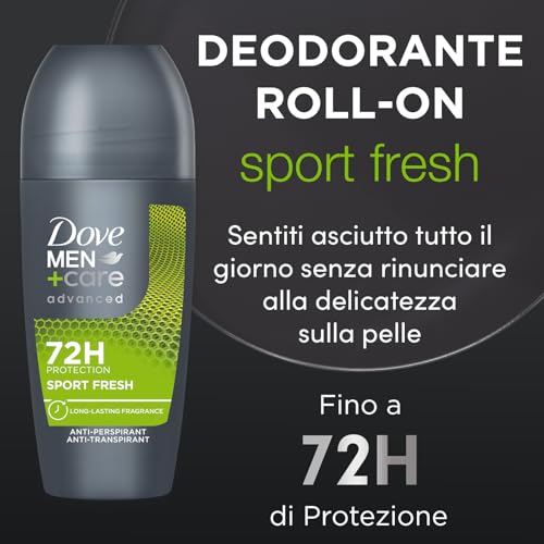 Dove Men+Care Deodorante Roll On Advanced Care Sport Fresh, Deodorante Uomo Antitraspirante Senza Alcol, con 1/4 di Crema Idratante, Protezione Fino a 72 Ore, 50 ml