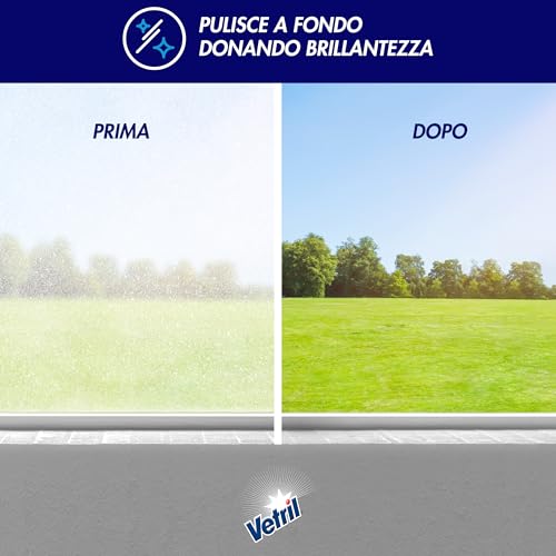 Vetril - Ricarica per Detergente Spray Vetri e Multiuso con Ammoniaca, Azione Sgrassante e Tecnologia Asciuga Rapido, in Ecoflacone, 650 ml x 12 Pezzi