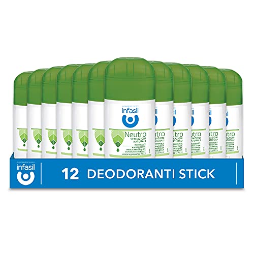 Infasil Neutro Sensazioni Naturali, Deodorante Stick Antimacchia Senza Sali di Alluminio, Efficace fino a 24H, Fragranza con Olio Essenziale, Delicato sulla Pelle, 12 Deodoranti da 50 ml