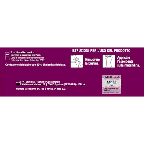 Lines Specialist Lady Maxi, Assorbenti per Incontinenza Donna, con Tecnologia Zero Odore e Barriere Laterali Protettive, Scorta Mensile, 3 Confezioni da 12 Unità