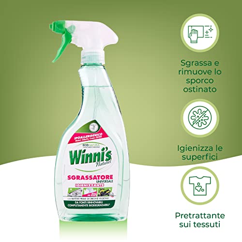 Winni's - Sgrassatore Spray Universale Multisuperficie Ipoallergenico, Azione Sgrassante e Pretrattante Contro le Macchie, con Materie Prime di Origine Vegetale, 500 ml