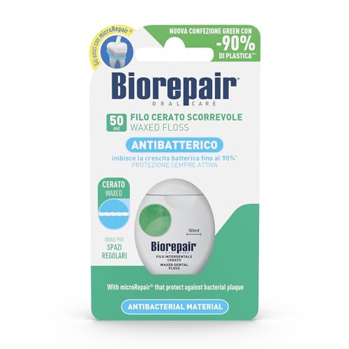 Biorepair, Filo Interdentale Antibatterico Cerato Scorrevole, Aroma di Menta Fresca - 1 Confezione da 50 mt