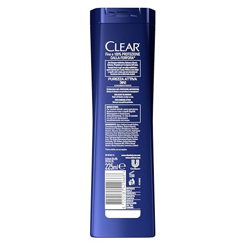 Clear Shampoo Purezza Attiva 3in1, Shampoo Antiforfora con Carbone Attivo e Acido Ialuronico per Capelli, Cute e Corpo, Shampoo Uomo, Fino a 100% Protezione dalla Forfora*, Formato 225ml