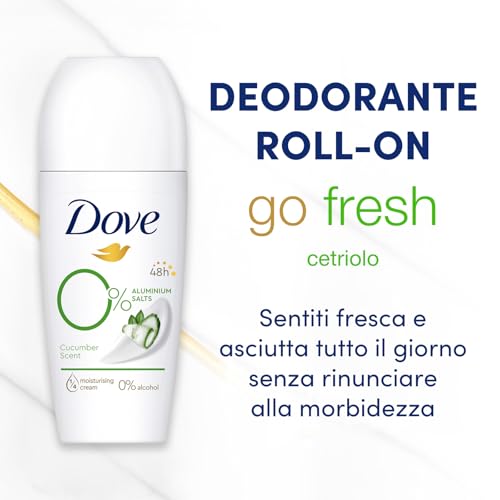 Dove, Deodorante Roll On Advanced 0% Sali Go Fresh Cetriolo, Deodorante Antitraspirante, Formula Senza Alcol e Sali di Alluminio, Protezione Fino a 48 Ore, Deodorante Uomo e Donna, 50ml