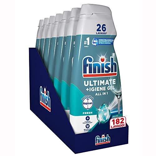 Finish Quantum + Igiene, Detersivo Lavastoviglie Raccomandato da Napisan, Gel Lavastoviglie, 182 Lavaggi, 7 confezioni da 26 Lavaggi di Liquido Lavastoviglie