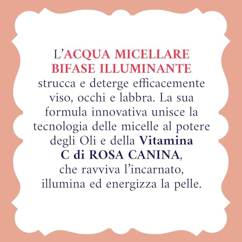 Acqua alle Rose, Acqua Micellare Bifase Illuminante per Pelli Spente o Opache, Deterge ed Energizza la pelle con Vitamina C di Rosa Canina, Efficace sul Trucco Waterproof, 200 ml