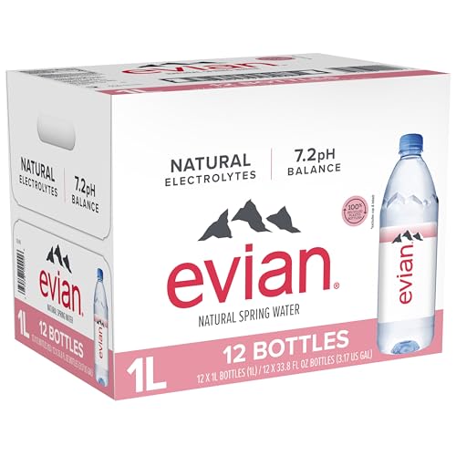 Evian - Acqua di sorgente naturale (una confezione da 12 bottiglie singole, ogni bottiglia è 1 litro) acqua di sorgente filtrata naturalmente in bottiglie grandi
