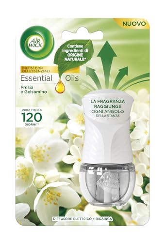 Airwick Diffusore Elettrico di Oli Essenziali, 1 Diffusore completo gadget, 1 Ricarica per Diffusore Elettrico alla Fragranza Fresia e Gelsomino, Profumatore per Ambienti Elettrico con Oli Essenziali