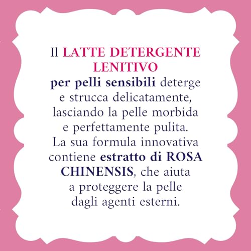 Acqua alle Rose, Latte Detergente Lenitivo, Con Estratto di Rosa Chinensis, Ideale per le Pelli Secche o Sensibili, Deterge e Idrata la Pelle Delicatamente, Uso Quotidiano, 200 ml