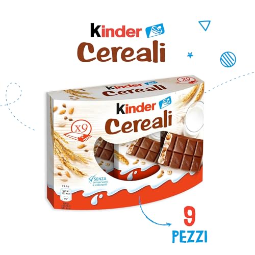 Kinder Cereali, 9 Tavolette di Cioccolato Puro Cacao, Snack Dolce Ripieno al Latte e 5 Cereali Soffiati e Tostati, 211.5 gr