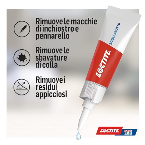 Loctite Scollatutto, Rimuovi colla in tubetto per tutte le superfici, Rimuove qualsiasi colla cianoacrilica, colla gel, colla trasparente, Rimuovi etichette e residui adesivi