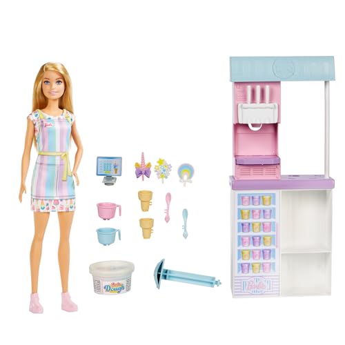 Barbie - Playset Gelateria con Bambola con Macchina per Gelato, Accessori, 2 Tipi di Pasta Modellabile, Giocattolo e Regalo per Bambini 4+ Anni, HCN46