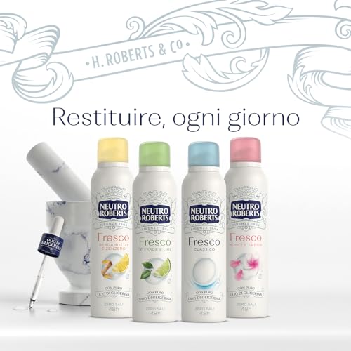 Neutro Roberts Deodorante Spray Fresco Giallo, Bergamotto e Zenzero, Zero Sali di Alluminio, Zero Macchie, con Puro Olio di Glicerina, Uomo e Donna, Dermatologicamente testato, 48h - 4 Pezzi da 150 ml