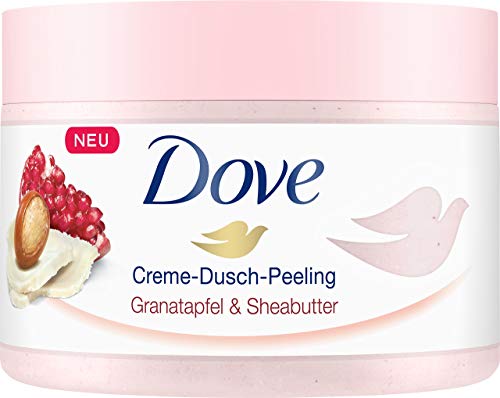 Dove - Crema peeling per doccia, per una pelle liscia e setosa, melograno e burro di karitè, con consistenza ricca, confezione da 4 x 225 ml