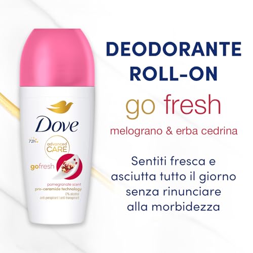 Dove, Deodorante Roll On Advanced Care Melograno, Deodorante Antitraspirante, Formula Delicata Con Tripla Azione Idratante, Protezione Fino a 48 Ore, Deodorante Uomo e Donna, 50 ml