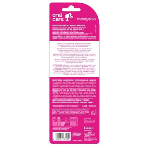 Naturaverde | Kids - Mattel Barbie - Kit Pulizia Orale per Bambini, Dentifricio Fragola e Caramello 25ml e Spazzolino con Setole Morbide, Dentifricio Barbie