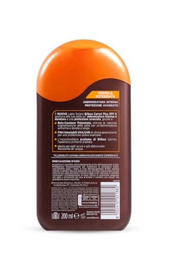 Bilboa Carrot Plus, Latte Solare SPF 6, Abbronzante Corpo, Formula con Betacarotene per una Abbronzatura Intensa e Duratura, Resistente all'Acqua, Dermatologicamente Testato, 200 ml