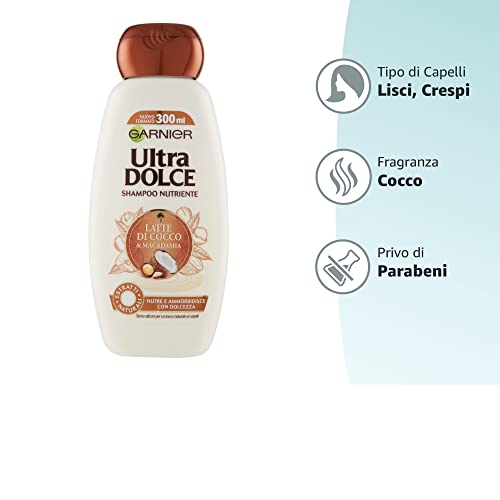 Garnier Shampoo Ultra Dolce Latte di Cocco e Macadamia, Capelli Morbidi e Setosi, 300 ml