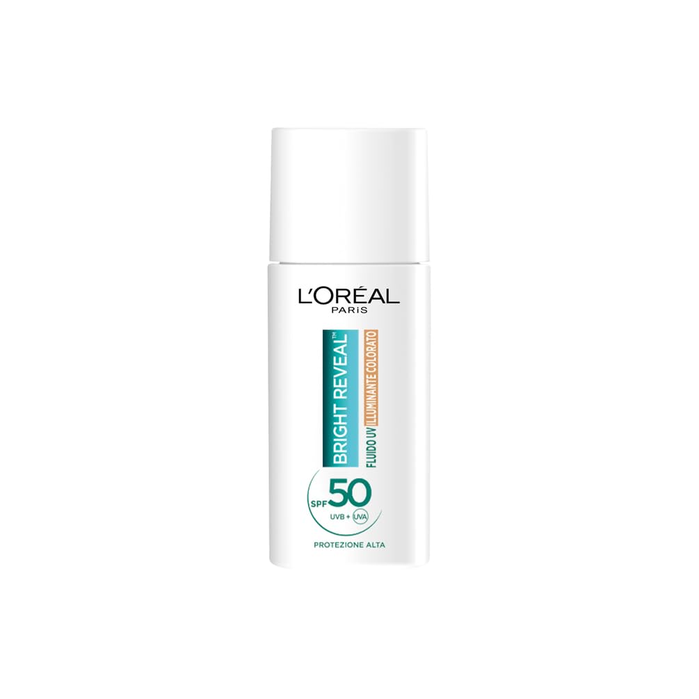 L'Oréal Paris Fluido UV Anti-Macchie, Per Tutti i Tipi di Pelle, Incarnato Luminoso, Macchie Scure e imperfezioni Meno Visibili, Con Niacinamide e SPF50, Bright Reveal, Tonalità: Medium, 50 ml