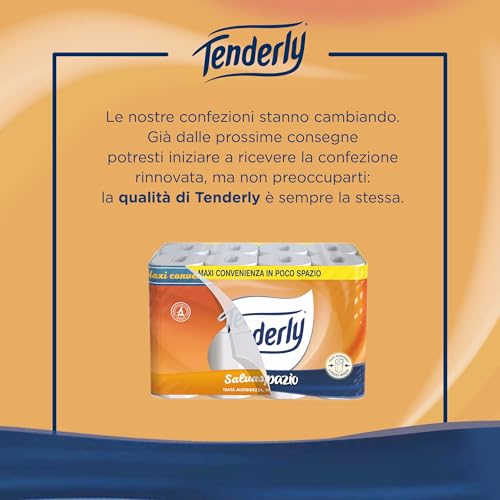 Tenderly Salvaspazio, Carta Igienica Morbida, Formato Pratico, Rotoli con Estratti Naturali di Malva e Calendula, Adatta alle Pelli più Sensibili, Made in Italy, Dermatologicamente Testato