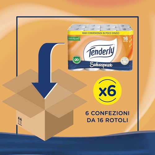 Tenderly Salvaspazio, Carta Igienica Morbida, Formato Pratico, Rotoli con Estratti Naturali di Malva e Calendula, Adatta alle Pelli più Sensibili, Made in Italy, Dermatologicamente Testato