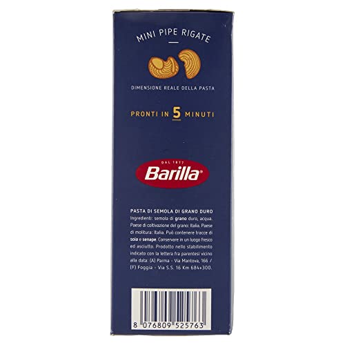 Barilla Pasta Mini Pipe Rigate Piccolini, Pasta Corta di Semola di Grano Duro 100% Italiano, 500 gr