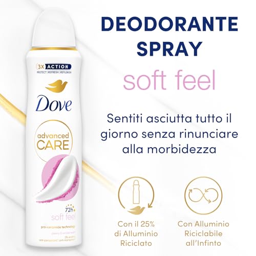 Dove Deodorante Spray Advanced Care Soft Feel, con Formula Idratante e Delicata sulla Pelle, Senza Alcol, Pelle Asciutta Fino a 72 Ore, Deodorante Uomo e Donna, 6 Pezzi da 150ml