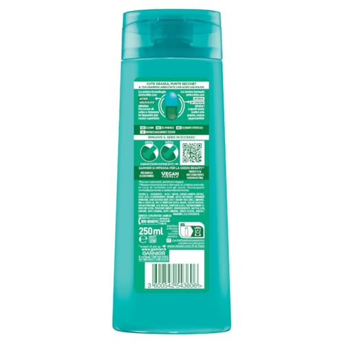 Garnier Fructis Shampoo Purificante, Per Capelli Cute Grassa e Punte Secche, Azione Seboregolatrice, Con Estratto di Acqua di Cocco e Acido Salicilico, Pure Non-Stop Cocconato Water, 250 ml