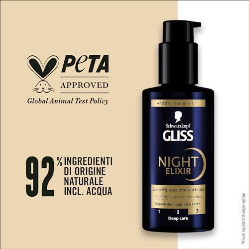 Schwarzkopf Gliss Night Elixir Siero Riparazione Notturna 100ml, Siero capelli con HAPTIQ System ed Estratto di Perla Nera, Prodotti per capelli danneggiati e secchi