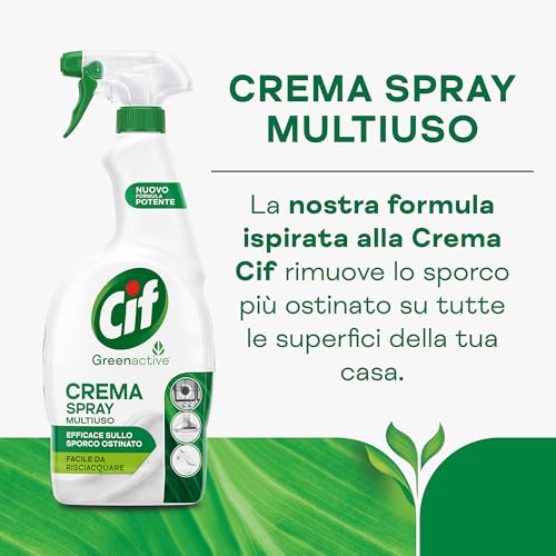Cif Crema Spray Multiuso, Formula Potenziata e Innovativa, Adatto a Tutte le Superfici, Efficace sullo Sporco Ostinato, Facile da Risciacquare, Formula Green Active, 650 ml