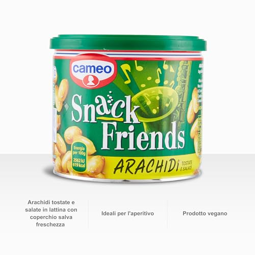Cameo Snack Friends Arachidi 200 g, Arachidi Tostate e Salate per Aperitivo Conservate in una Pratica Lattina con Coperchio Salva Freschezza, Senza Olio di Palma, Vegano, 200 g Complessivi