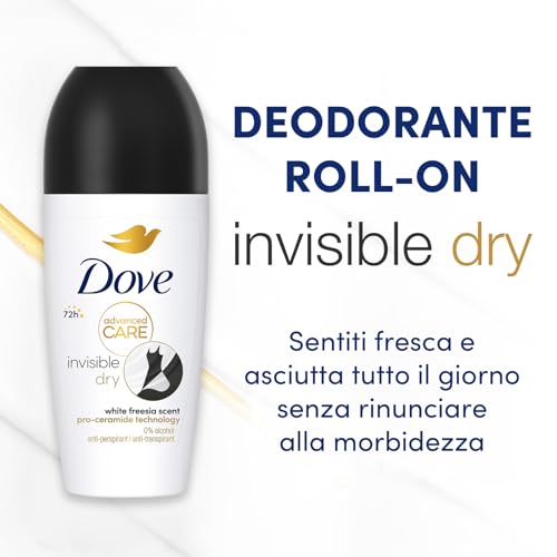 Dove, Deodorante Roll On Advanced Care Invisible Dry, Deodorante Antitraspirante, Formula Anti Macchia Con Tripla Azione Idratante, Protezione Fino a 48 Ore, Deodorante Uomo e Donna, 50 ml