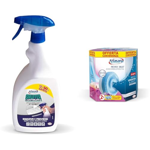 Ariasana Smuffer L' antimuffa Igienizzante, Rimuovi muffa spray contro funghi, alghe e muschi, Anti muffa bagno, cantina e cucina, per interni ed esterni, 1x250ml+50% GRATIS